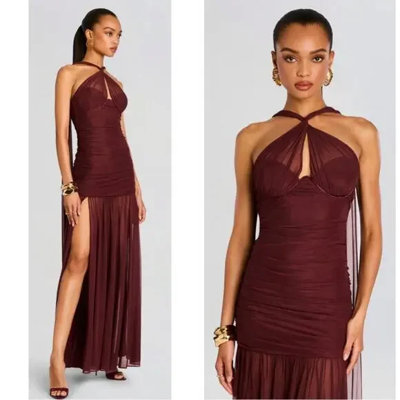 RETROFETE Maisie Ruched Draped Halterneck Maxi in Port Red Size XXL - Picture 2 of 11